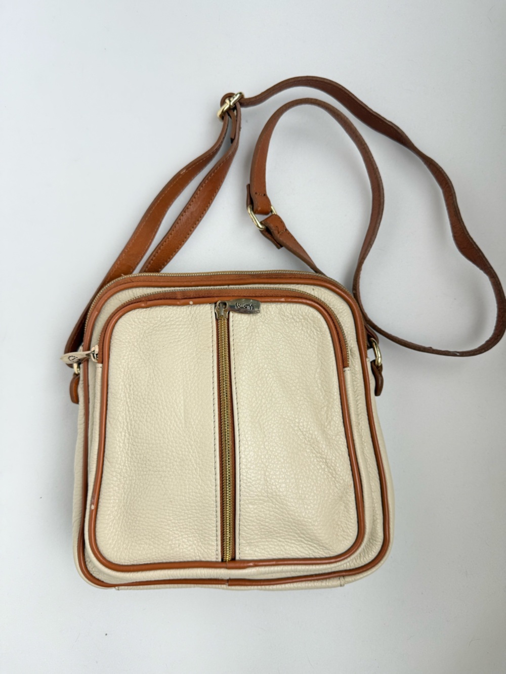 Valentina Women’s Cream and British Tan Genuine Leather Zip Crossbody Bag